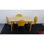 A set of four Ant style chairs together with a pine kitchen table (5), 76 x 135cm