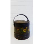 A floral painted wooden barrel with a swing handle to top, 25cm high