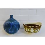 Aviemore pottery to include a blue glazed high shouldered vase, 23cm high, and a bowl, (2)