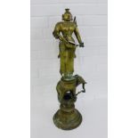 South Indian cast brass oil lamp modelled as Dipa- Lakshmi with circular base, 77cm high