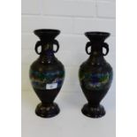 A pair of bronzed patinated twin handle vases with floral Cloisonne style panels, 31cm high, (2)