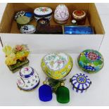 A collection of miscellaneous trinket boxes and covers including enamel, glass and porcelain,