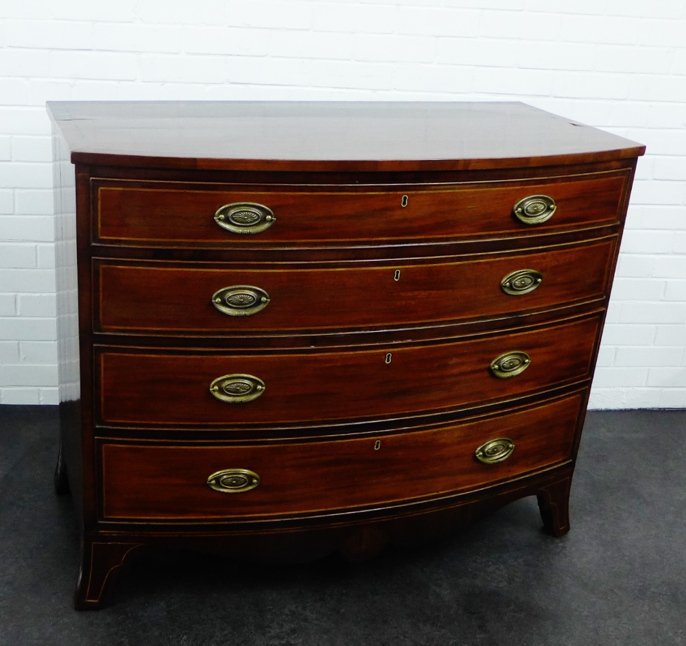 A 19th century mahogany and inlaid bow front chest, with four long graduating drawers and bracket