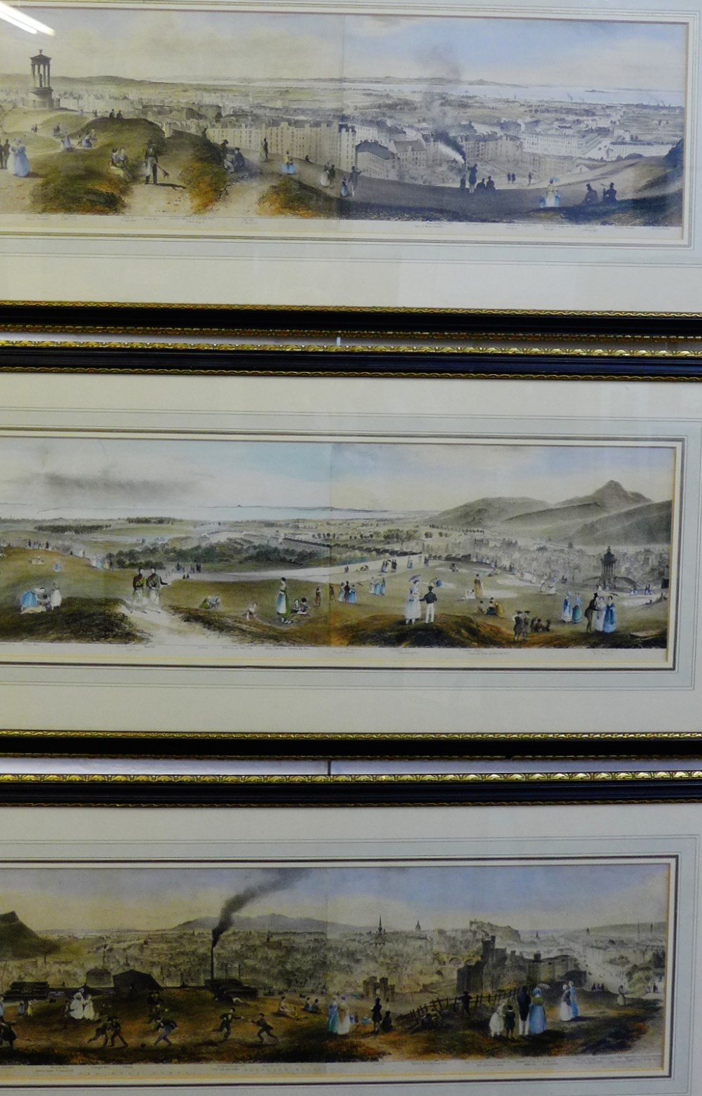 Three framed Edinburgh coloured prints, 76 x 25cm, (3)