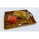 A hardwood twin handled tray, 50 x 39cm, together with a red and orange hardstone box and cover
