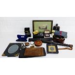 A carton of miscellaneous items to include a truncheon, a pewter mounted hip flask, spectacles,
