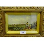 British School Country Scene with Figures Oil-on-board, apparently unsigned, in a glazed and