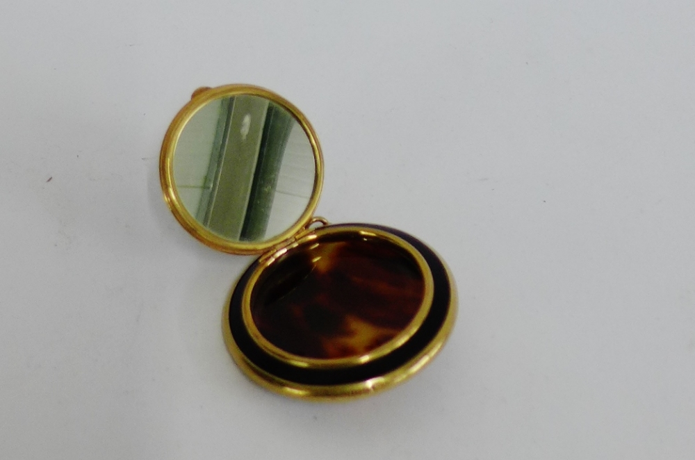 An early 20th century 9 carat gold and tortoiseshell powder compact, the hinged lid with pique - Image 2 of 2