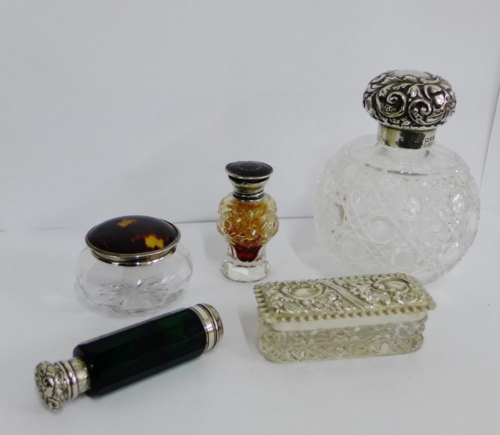A mixed lot to include two tortoiseshell and silver mounted glass jars, a double ended green glass