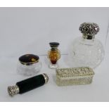 A mixed lot to include two tortoiseshell and silver mounted glass jars, a double ended green glass