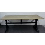 A large contemporary light oak rectangular trencher table on black metal trestle supports, 80 x