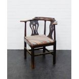 An oak corner chair with splat back and upholstered seat, on square tapering supports, 82 x 72cm