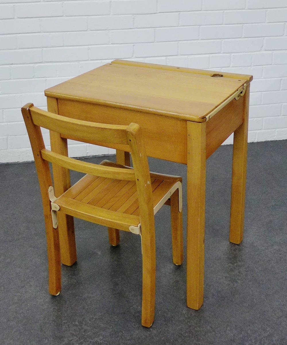 A child's school desk and chair, 68 x 57cm (2)