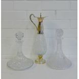 Two flat bottom decanter and stoppers, together with an Epns mounted claret jug, (3)