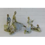 A collection of five Spanish Lladro style figures to include a Ballerina, Children playing on a