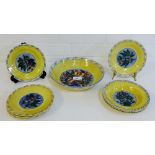 A collection of 1920's yellow glazed art pottery, likely Scottish,hand painted with fruit, signed