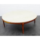 Travertine and teak framed circular coffee table, 38 x 108cm