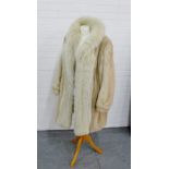 A pearl mink three quarter length coat with fox fur trim, with a Dominion Fur Company label to the