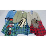 A collection of Scottish attire to include three kilts, three jackets, three belts, three sporran's,