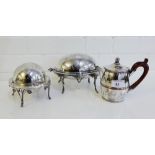 An old Sheffield plate hot water pot with fruit wood handle, together with two silver plated fern