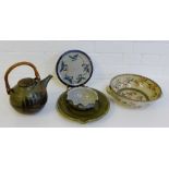 A collection of Studio pottery to include a tea kettle, twin handled bowl, two plates and a crimpled