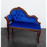 A blue upholstered button back telephone seat with scroll frame, 86 x 96cm