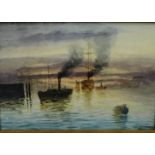 20th Century School 'Steam Ships in a Harbour' Watercolour, signed with initials FEB, in a glazed