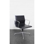 Charles Eames for ICF black leather and aluminium revolving desk chair, 87 x 57cm