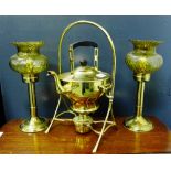 A pair of brass candlesticks with amber glass shades, together with a spirit kettle on stand, (3)