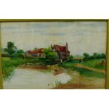 David Martin 'Farmhouse with Figure in the foreground' Watercolour, signed, under glass, in an