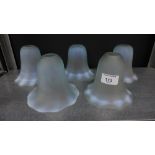 A set of five opaque pale blue glass frilled rim shades, 10cm high, (5)