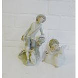 Two Lladro bisque figures to include a gent sitting on a tree stump with a dog at his feet, together