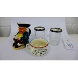 A collection of miniature items to include a pair of silver mounted glass tankards, Gest-A-Po