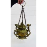 A Chinese brass hanging incense burner and cover, 16cm long