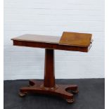 A Victorian mahogany adjustable reading table with tapered column and quadruped base, 74 x 92cm From