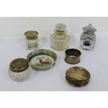 A mixed lot to include an Edwardian silver topped and glass inkwell, Birmingham silver topped