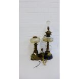 Two brass oil lamps with glass wells, each converted to electricity, (a/f), (2) From the residual