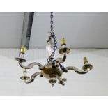 A pair of pewter five-branch ceiling lights, (2)