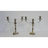 A pair of old Sheffield plate three branch candelabra, 41cm high, (2)