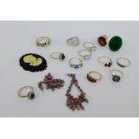 A quantity of silver gemset dress rings together with a costume jewellery Cameo brooch (a lot)