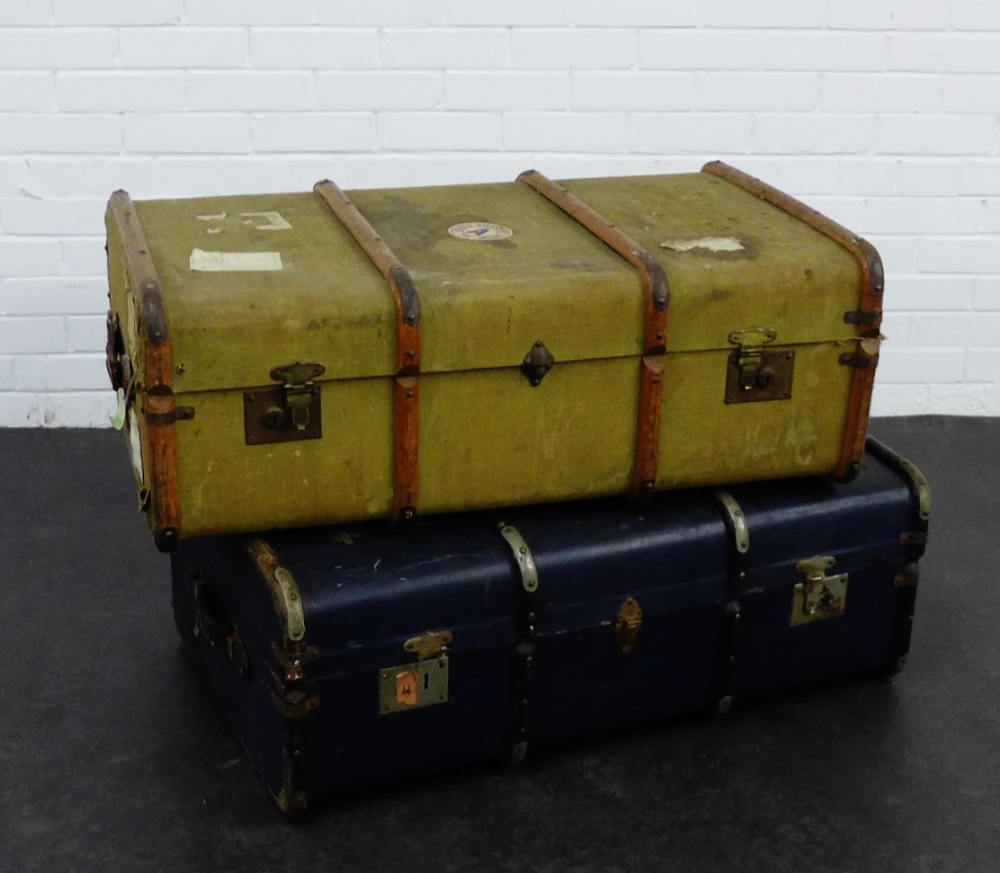 Two vintage travel trunks, 34 x 95cm, (2)