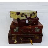Three brown leather vintage suitcases and another, (4)
