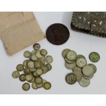 A small collection of pre-decimal coins together with a bronze medallion (a lot)