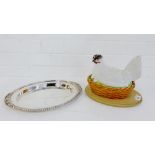 An Epns bread oval bread board together with a hen-on-nest, (2)