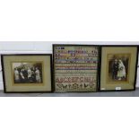 A pair of framed 1920's black and white photographs, together with an alphabet sampler, dated