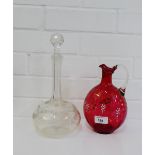 A Globe & Shaft vine etched decanter and stopper, together with a cranberry glass jug, (2)