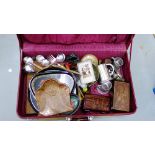A vintage suitcase containing copper crumb tray, leather gloves, tea caddy etc., (a lot)