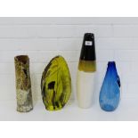 A mixed lot to include two art glass vases, a studio pottery vase and a contemporary pottery vase,
