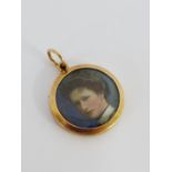 Two watercolour portrait miniatures of young women contained within a 9 carat rose gold frame, on