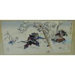 Samurai Warriors, late 19th century Japanese wood block tryptic print in glazed frame, 70 x 36cm